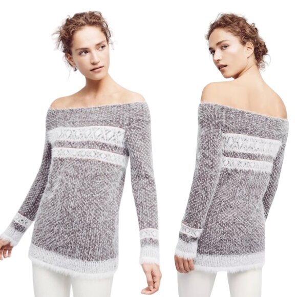 Anthropologie Off-the -Shoulder Faroe Sweater L Sleeping on Snow, Fair Isle Wool - Picture 1 of 9